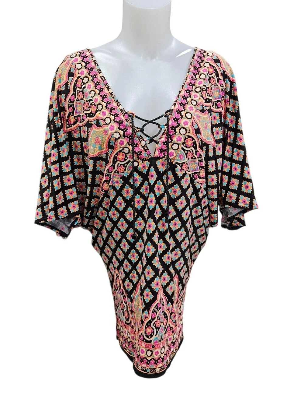 Nanette Lepore Swim XS Coverup Hot Pink Orange Medallion Floral Cold Shoulder